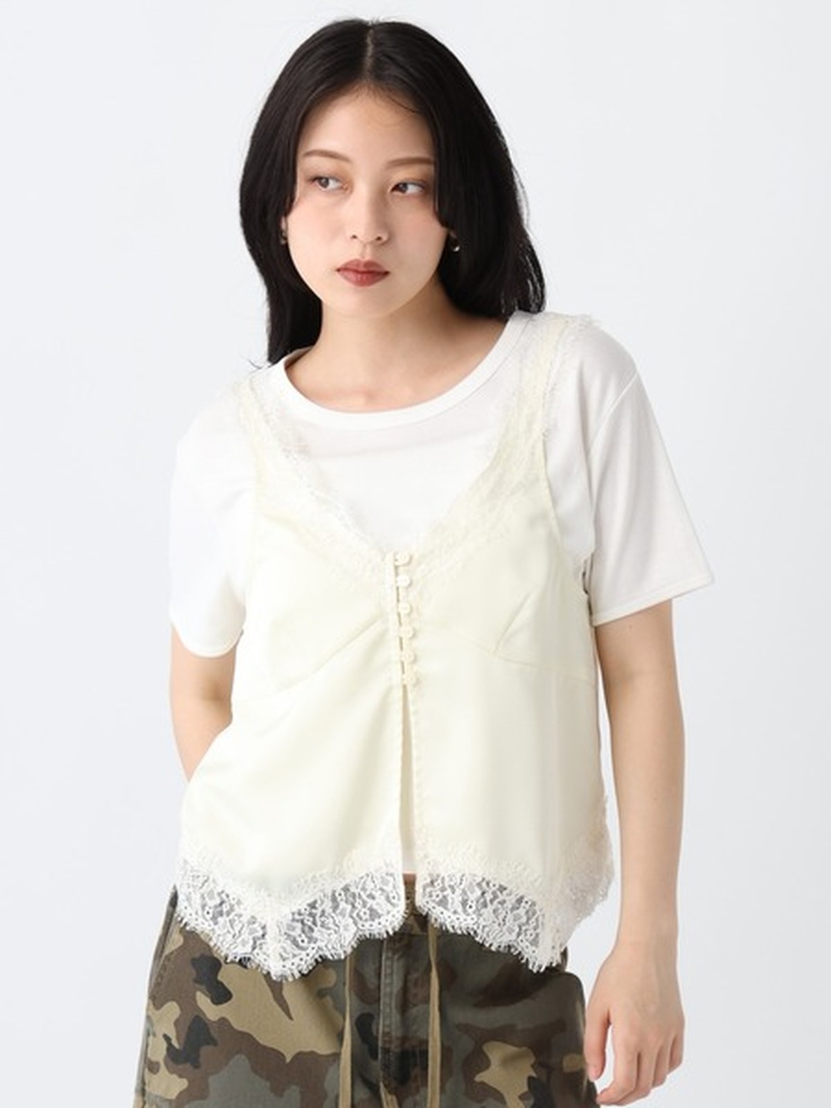 JEANASIS 蕾絲拼接緞面背心上衣